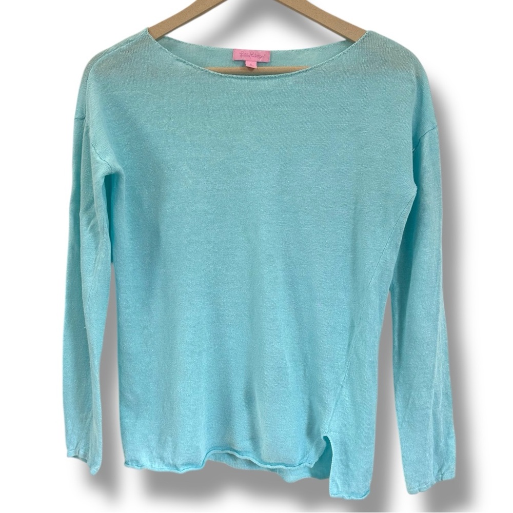 Lilly Pulitzer Sweater Womens Alana Aqua Blue 100% Linen Solid Pullover Top sz S - Picture 3 of 7